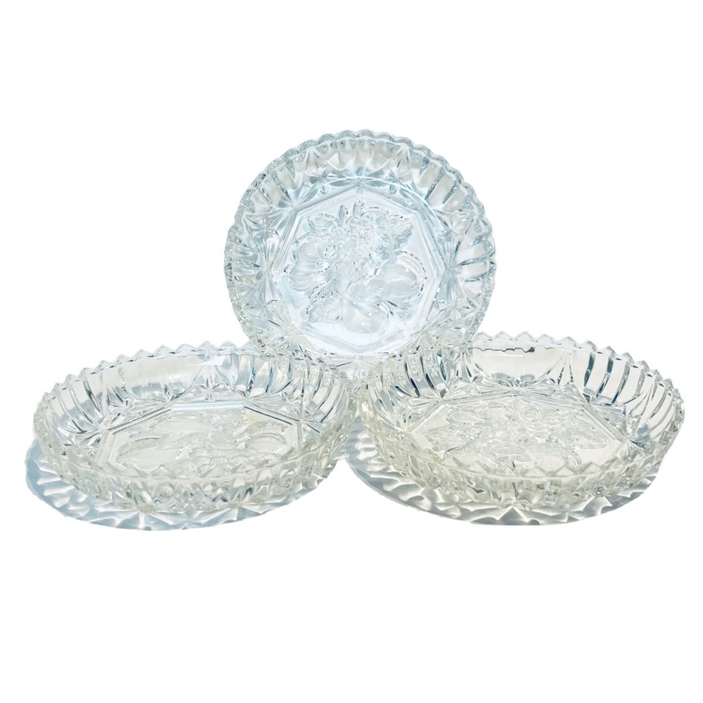 Vintage Glass Crystal Dishes Set of 3 Fruit Design Serve Ashtray Bread Plate Nut